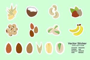 Sticker set of healthy food cartoon drawing. Fruits and nuts stickers. Coconut, cashew, hazelnut, oats, pistachio, soy, almond, banana. Sources of healthy dairy-free milk sources. Vector Illustration