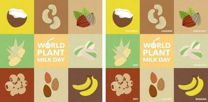 World Plant Milk Day Greeting Card, with and without names. Icons of coconut, cashew, hazelnut, oats, pistachio, soy, almond, banana. Celebrated on August 22. Vector Art. EPS 10.