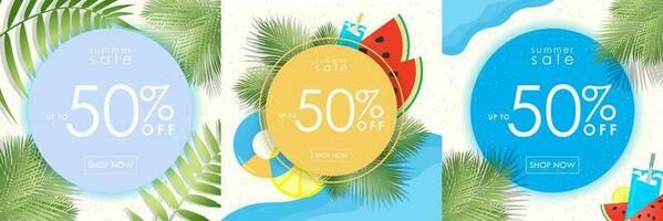 Set of colorful Summer Sale with Up to 50 off and Shop Now CTA on beach beach background with tropical elements. For social media, print, digital, templates, layout. Vector Illustration. EPS 10.