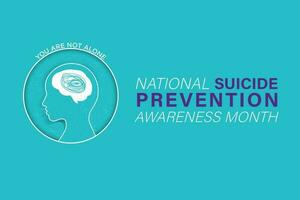 September is National Suicide Prevention Awareness Month Banner with copy space on teal background. Human head with jumbled writings in brain. You are not alone. Editable Vector Illustration. EPS 10