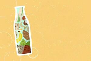 Alternative non-dairy milk substitute drawings inside a glass bottle with white outline on textured background with copy space. Vegan. Editable Vector Illustration. EPS 10. Background template.