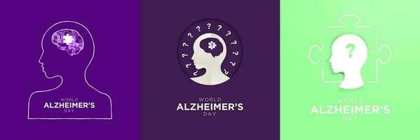 Set of World Alzheimer's Disease Artwork. Minimal Paper Art Concept. Head profile with puzzled mind, question marks. Vector Arts on colored backgrounds.