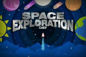 Set of Space Exploration Day Colorful Paper Craft Art Posters. Bright and Vivid textured. Outer space with space ship from Earth, Sun, moon, asteroids. Celebrated July 20. Vector Illustration. EPS 10