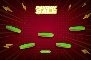 Colorful Payday Sale Shopping Banner with 5 3d product platform podium on dynamic background and flash thunder icons. Payday Sale Typographic design. Vector