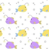 Colorful seamless pattern with ocean yellow purple anglerfish and bubbles in flat hand drawn style. For design, textile, background vector