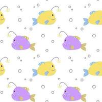 Colorful seamless pattern with ocean yellow purple anglerfish and bubbles in flat hand drawn style. For design, textile, background vector