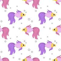 Colorful seamless pattern with purple pink goldfish and bubbles in flat hand drawn style. For design, textile, background vector
