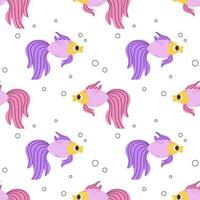 Colorful seamless pattern with purple pink goldfish and bubbles in flat hand drawn style. For design, textile, background vector