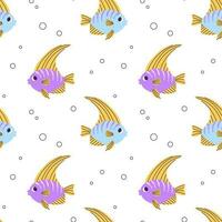 Colorful seamless pattern with blue purple angelfish and bubbles in flat hand drawn style. For design, textile, background vector