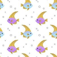 Colorful seamless pattern with blue purple angelfish and bubbles in flat hand drawn style. For design, textile, background vector