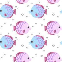 Colorful seamless pattern with circle ocean fish and bubbles in flat hand drawn style. For design, textile, background vector