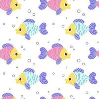 Colorful seamless pattern with blue pink fish and bubbles in flat hand drawn style. For design, textile, background vector