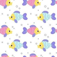 Colorful seamless pattern with blue pink fish and bubbles in flat hand drawn style. For design, textile, background vector