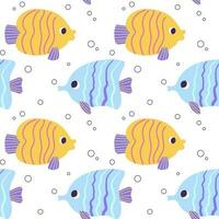 Colorful seamless pattern with ocean yellow blue triangular fish and bubbles in flat hand drawn style. For design, textile, background vector