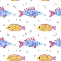 Colorful seamless pattern with ocean yellow blue fish and bubbles in flat hand drawn style. For design, textile, background vector