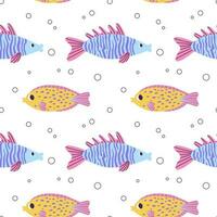 Colorful seamless pattern with ocean yellow blue fish and bubbles in flat hand drawn style. For design, textile, background vector