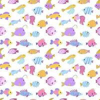 Colorful seamless pattern with different ocean fish in flat hand drawn style. For design, textile, background vector