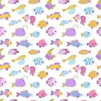 Colorful seamless pattern with different ocean fish in flat hand drawn style. For design, textile, background vector