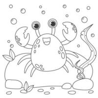 Funny crab cartoon characters. Coloring book for children with crab. Underwater life hand drawn coloring book for kids. Vector stock illustration isolated on white background.