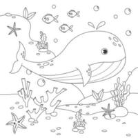 Vector illustration with algae, whale, starfish and fish, sea floor. Cute square page coloring book for children. Simple funny kids drawing. Black lines, sketch on a white background.