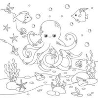 Childrens coloring book with octopus, seabed, seaweed. Simple funny kids drawing. Black lines, sketch on a white background. Vector stock illustration. life. Animals outline. Doodle style.