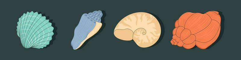 tropical concha. dibujos animados almeja, ostra y Vieira conchas vistoso submarino conchas de molusco y mar caracol. Oceano mariscos vector conjunto aislado en oscuro. vistoso submarino elementos
