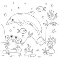 Vector illustration with algae, dolpin, crab and fish, sea floor. Cute square page coloring book for children. Simple funny kids drawing. Black lines, sketch on a white background.