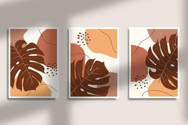 Set of poster abstract boho tropical leaves with organic shapes design wall art or social media background design