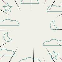 Abstract pattern background in comic style with icons of clouds, moon, stars and sunbeams. Vector for promotion of banners, posters, greeting cards, social media, web, presentations.