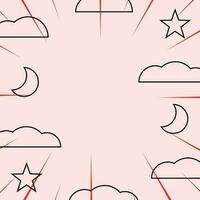 Abstract pattern background in comic style with icons of clouds, moon, stars and sunbeams. Vector for promotion of banners, posters, greeting cards, social media, web, presentations.