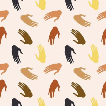 Different color hands seamless pattern background. Vector boho illustration of multinational hands, racial equality different cultures, peoples, harmony of coexistence, community, friendship, party