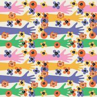 Different color hands seamless pattern background. Vector illustration of multinational hands, racial equality different cultures, peoples, harmony of coexistence, community, friendship, party, peace