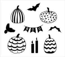 Halloween set. Doodle set with stylized pumpkins, bats, crow and candles vector