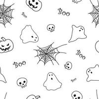 Happy Halloween seamless pattern with black spider web, ghost, scull and pumpkins. vector