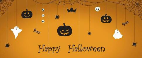 Happy Halloween background vector illustration. Happy Halloween banner, promotion or party invitation background with pumpkins, ghosts, skulls, spider and cobwebs on orange background