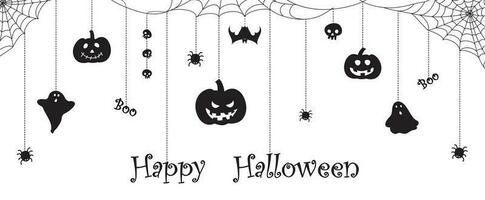 Happy Halloween background vector black and white illustration. Happy Halloween banner, promotion or party invitation background with pumpkins, ghosts, skulls, spider and cobwebs on white background