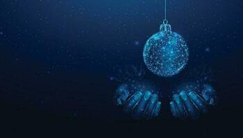 Two hands are holding a Christmas ball. Wireframe glowing low poly design on a blue background. Abstract futuristic vector illustration