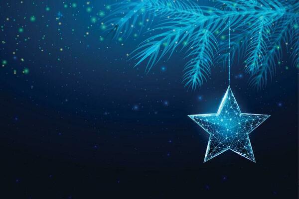 Wireframe Christmas star and Christmas tree branches, low poly style. New Year banner. Abstract modern 3d vector illustration on blue background.