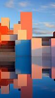 Geometric Architecture with Reflection on Water, Colouful building,Abstract Contemporary Cubes Shape Exterior with Blue sky and Cloud, photo