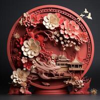 Mid Autumn Festival holiday or Chinese New Year festive with White and Pink Cherry Blossom Flowers Paper Cut with Asian elements in craft style on on red circle background, photo