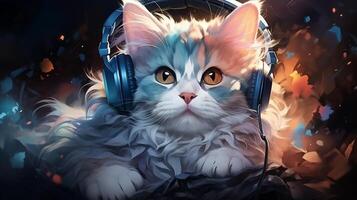 Cute cat wearing headphones listening to music,illustration of Fantasy surreal cartoon character animal paint,Generative AI photo