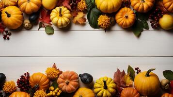 Thanksgiving background with Pumpkins on wooden table, Fall season with group of orange pumkins with decoration white wood board, Autumn banner with copy space for text,Generative Ai photo