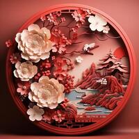 Mid Autumn Festival holiday or Chinese New Year festive with White and Pink Cherry Blossom Flowers Paper Cut with Asian elements in craft style on on red circle background, Generative Ai photo