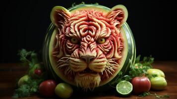 Fruit and Vegetable carvings, Watermelon carving detail of tiger head, Display decoration for Hotel or Restaurant menu design,Generative Ai photo