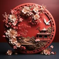 Mid Autumn Festival holiday or Chinese New Year festive with White and Pink Cherry Blossom Flowers Paper Cut with Asian elements in craft style on on red circle background, photo