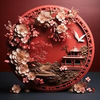 Mid Autumn Festival holiday or Chinese New Year festive with White and Pink  Cherry Blossom Flowers Paper Cut with Asian elements in craft style on on red circle background, Generative Ai photo