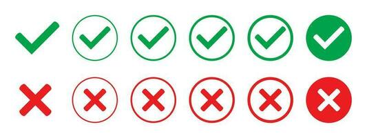 Green tick and red cross checkmarks in circle flat icons. Yes or no line symbol, approved or rejected icon for user interface. vector