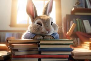 Cute bunny print on a mountain of books. photo