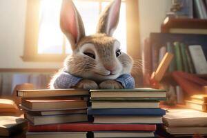 Cute bunny print on a mountain of books. AI Generated photo