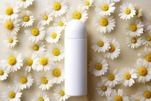 Mock-up tube of white cream in chamomile flowers. AI Generated photo